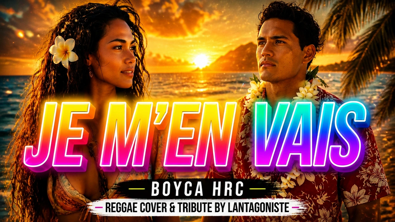 Miniature YouTube reggae montrant un homme et une femme polynésiens face à face au coucher du soleil sur une plage tropicale, avec le titre « Je m'en vais » en lettres colorées.